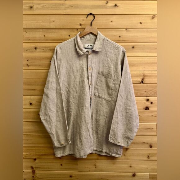 Flax Size Medium Oversized Relaxed Fit Oatmeal Linen Button Front Blouse - Picture 1 of 10